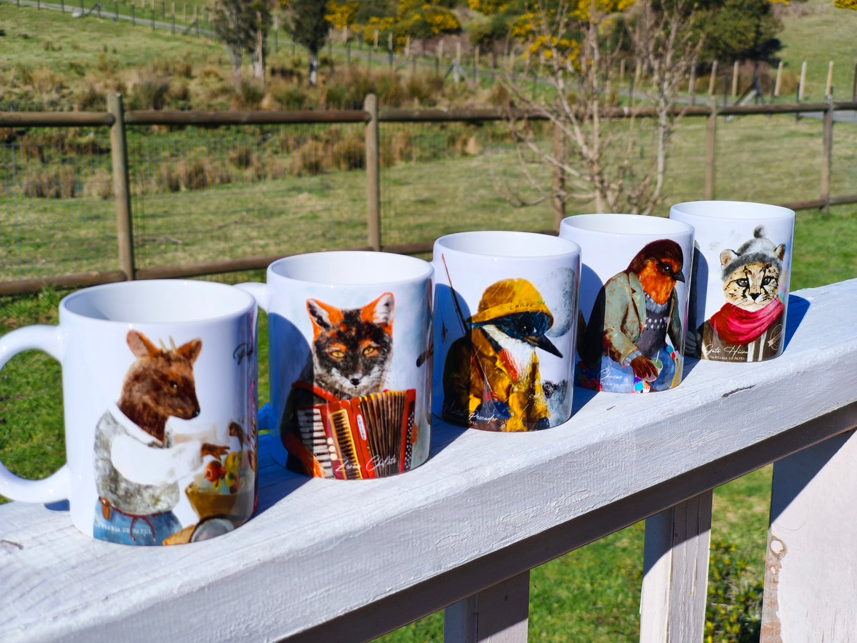 Taza Ilustrada de Autor, Fauna de Chiloé, Cerámica 325 ml