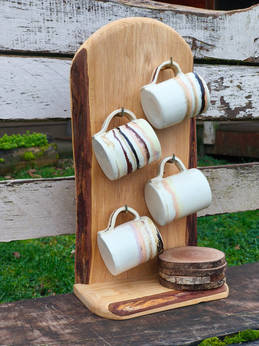 Set 4 Tazas con Plato y Base de Madera, Canto de Rana